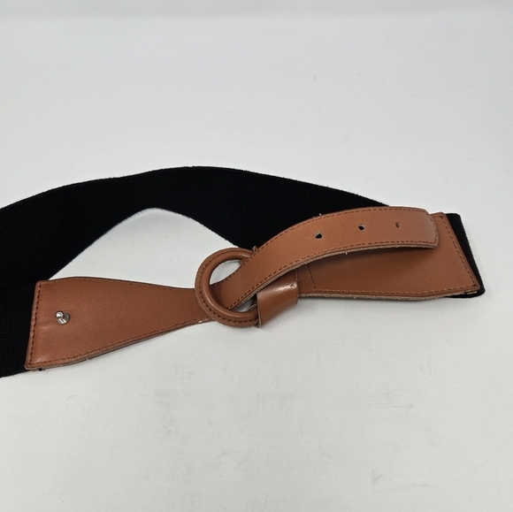 LP BY LINEA PELLE COGNAC BROWN LEATHER & BLACK STRETCH FOLD OVER BELT WOMEN M - Picture 7 of 15